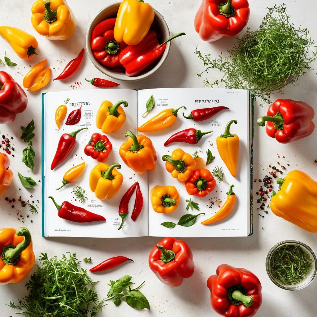 A vibrant display of various colorful peppers in a sunlit kitchen, surrounded by fresh herbs and spices. Include an open cookbook with tantalizing culinary tips, alongside an array of plated dishes showcasing pepper-infused recipes. The atmosphere should radiate joy and creativity in cooking, with a warm, inviting feel. super-realistic. vibrant colors. white background.