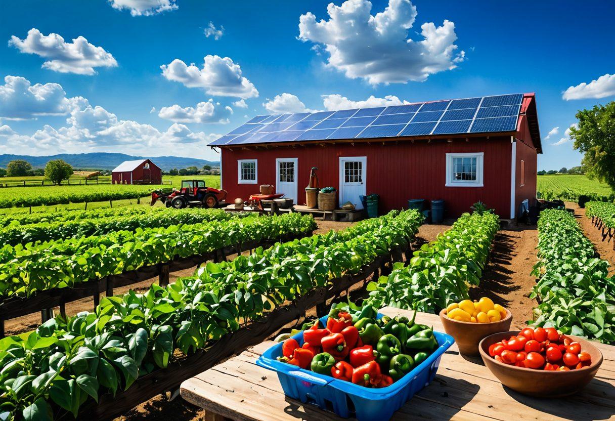 A picturesque farm landscape showcasing vibrant green pepper plants under a bright blue sky, with farmers joyfully harvesting peppers. Include a rustic wooden table in the foreground displaying colorful, fresh peppers and healthy dishes prepared from them. Add elements highlighting sustainability, like a solar panel and rainwater collection system in the background. Capture the essence of health and happiness. super-realistic. vibrant colors. organic texture.
