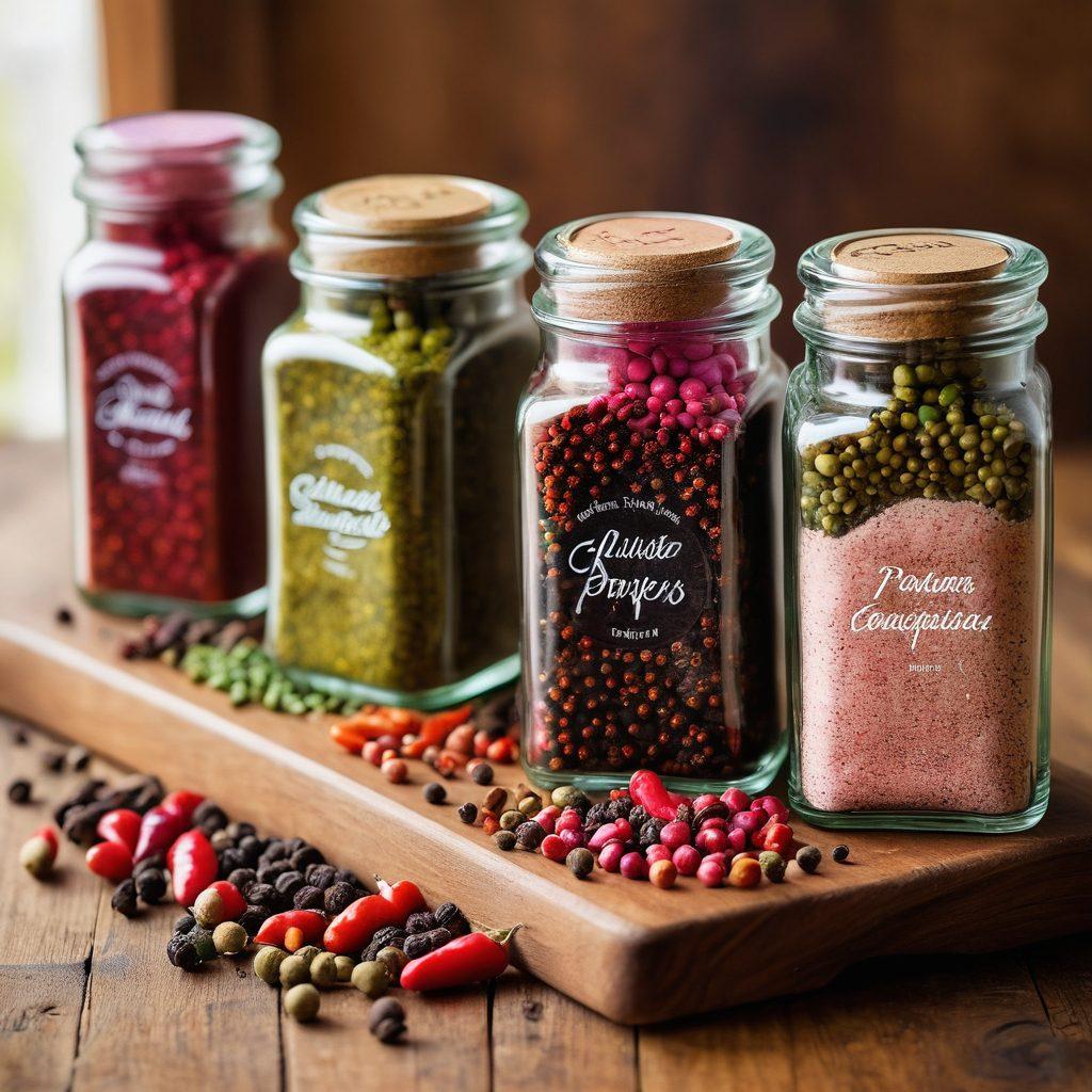 A close-up of a vibrant spice rack filled with various premium pepper varieties, showcasing colorful peppercorns (black, white, green, and pink) in elegant glass jars. The background features a rustic wooden kitchen table with a cutting board displaying gourmet dishes garnished with freshly ground peppers. Soft, natural lighting enhances the textures and colors of the spices and food. super-realistic. vibrant colors. rustic ambiance.